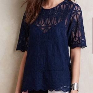 Anthro En Elle Blue Crochet Lace Overlay Top